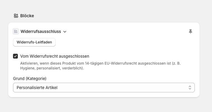 Screenshot: Admin block "EU Withdrawal Exclusion" on product page – see app.